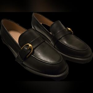 Cole Haan Black Leather Loafers with Gold Buckle